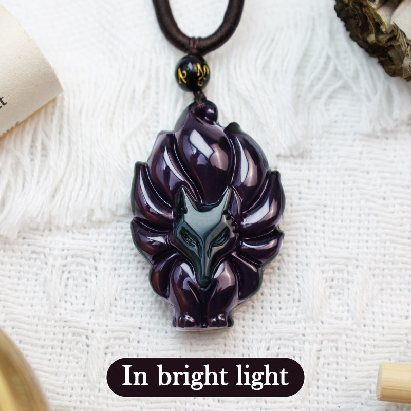 Buddha Stones Natural Rainbow Obsidian Gold Sheen Obsidian Nine Tailed Fox Positive Necklace Pendant - image 5
