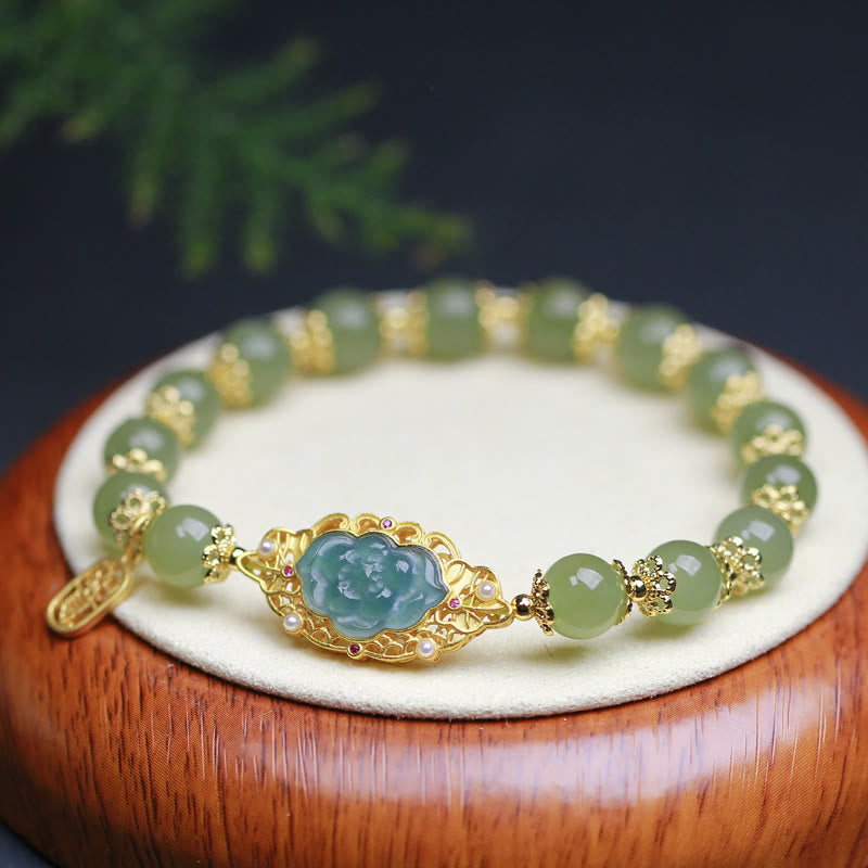Buddha Stones 925 Sterling Silver Plated 14K Gold Hetian Jade Lotus Luck Bracelet - Hetian Jade(Prosperity♥Abundance) - image 0