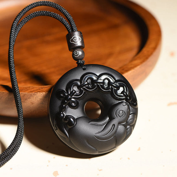 Buddha Stones Chinese Zodiac Natural Black Obsidian Peace Buckle Strength Necklace Pendant - image 6