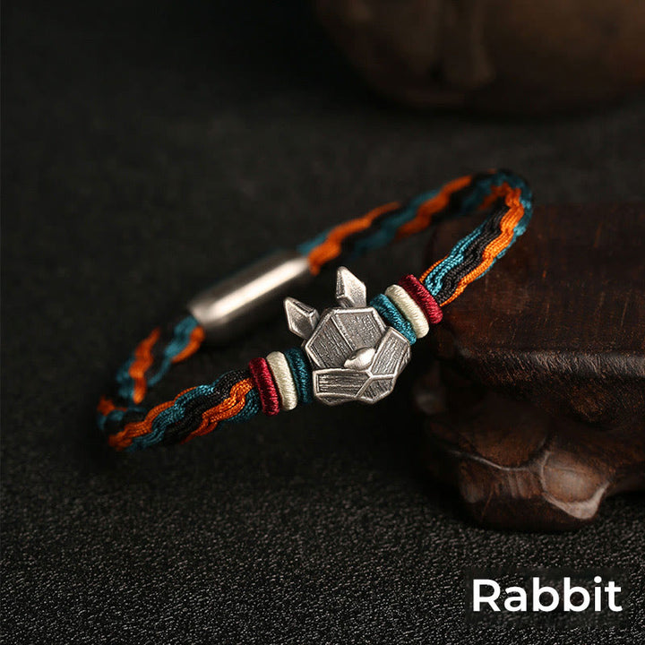 Buddha Stones Handmade 999 Sterling Silver Year of the Dragon Chinese Zodiac Protection Colorful Reincarnation Knot Rope Bracelet - Rabbit - 19cm - image 14