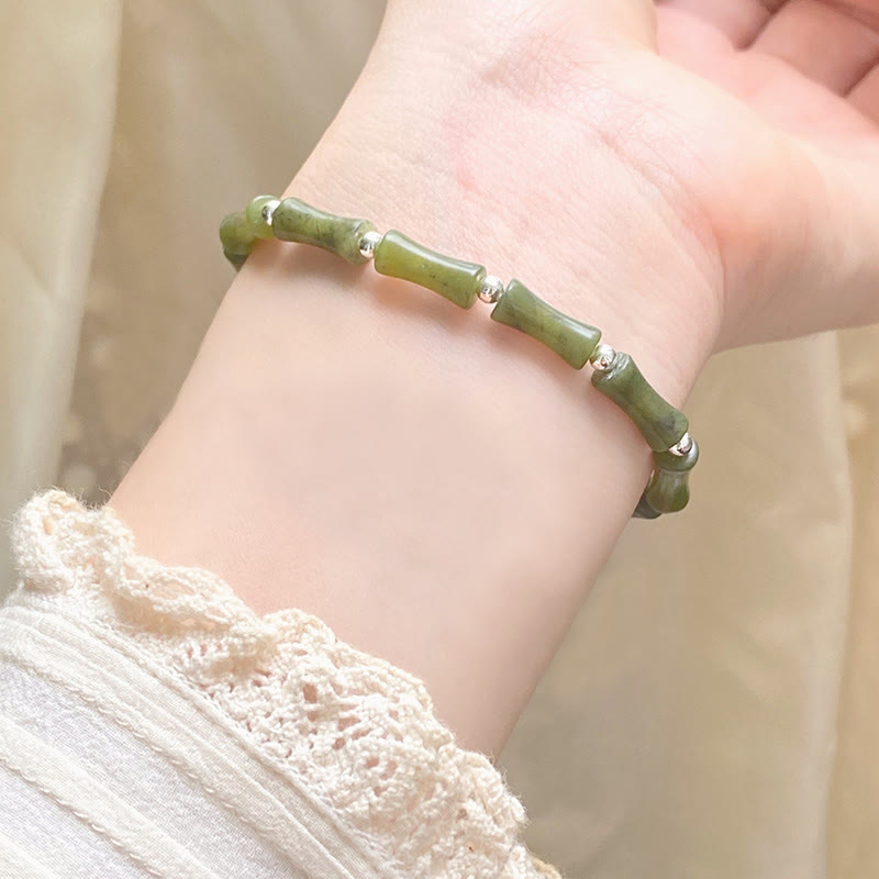 Buddha Stones 925 Sterling Silver Bamboo Jade Lucky Cat Fu Character Luck Abundance Bracelet - image 7