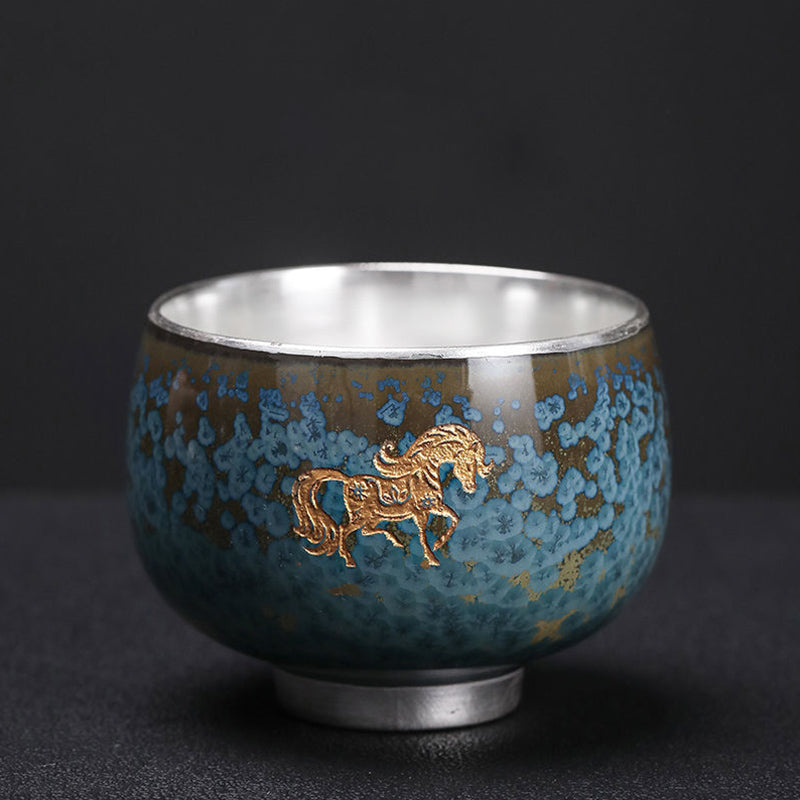 Buddha Stones 999 Gilt Silver Gilt Chinese Zodiac Ceramic Teacup Kung Fu Tea Cup 160ml