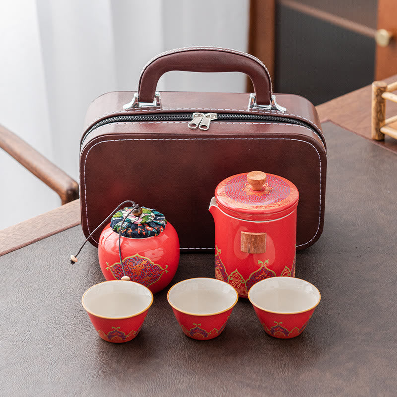 Flower Chinese Gongfu Ceramic Teapot Portable Outdoor Travel Tea Set Bag - Red - 1 Teapot+3 Cups+1 Handbag+1 Tea Can - image 25