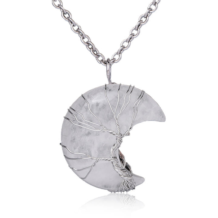 Buddha Stones Natural Quartz Crystal Moon Tree Of Life Healing Energy Necklace Pendant - White Quartz - image 9