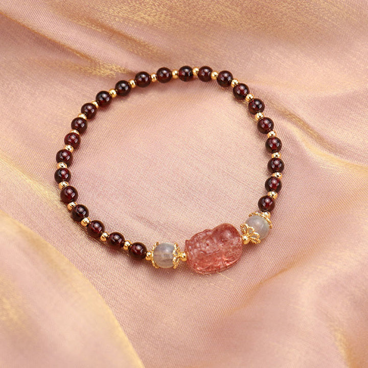 Buddha Stones Natural Tourmaline Garnet Strawberry Quartz PiXiu Moonstone Protection Bracelet - Garnet(Purification♥Protection)(Wrist Circumference 14-15cm) - image 5