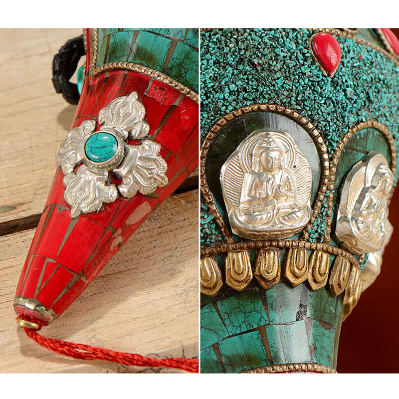 Tibetan Handmade Shankha Om Mani Padme Hum Buddha Avalokitesvara Turquoise Conch Shell Positive Decoration - image 9