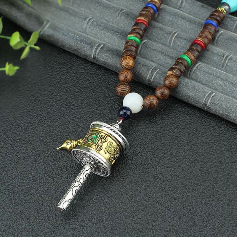 Buddha Stones Tibetan Om Mani Padme Hum Prayer Wheel Rotation Vajra Wood Necklace Pendant - Gold Prayer Wheel - image 1
