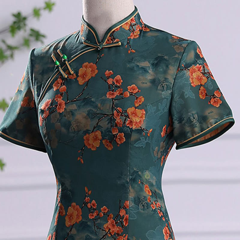 Buddha Stones Retro Flower Lotus Peony Feather Print Qipao Dress Women's Cheongsam Dress - image 6