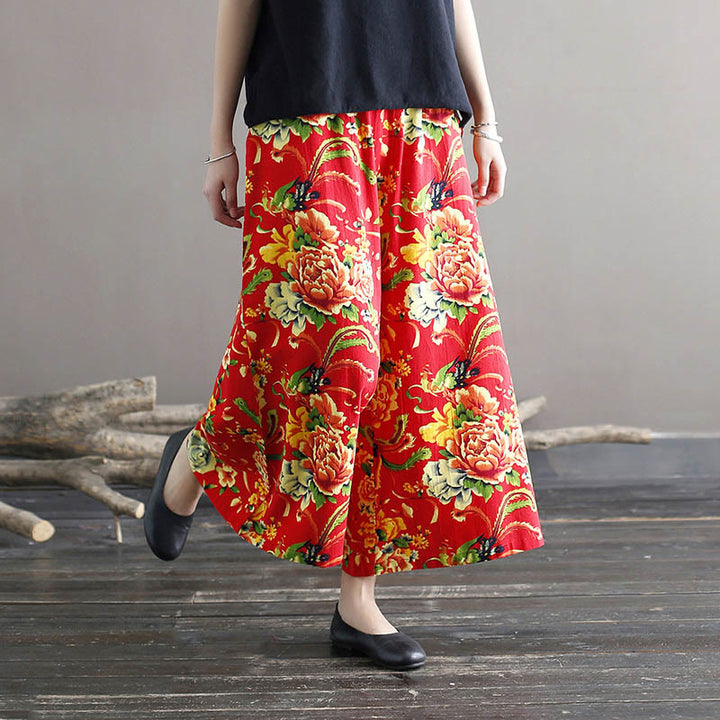 Buddha Stones Red Peony Flowers Cotton Linen Wide Leg Pants With Pockets