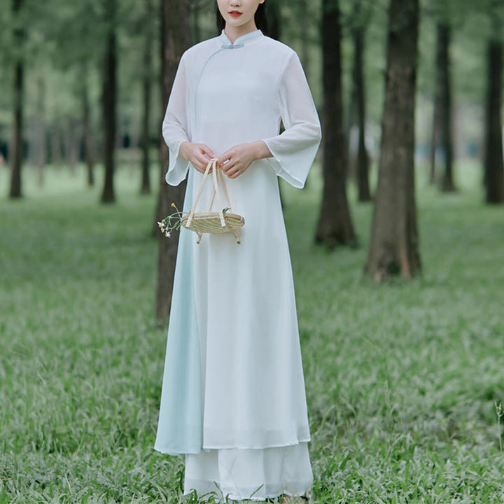 Buddha Stones Three Quarter Sleeve Chiffon Cheongsam Midi Dress Wide Leg Pants Meditation Zen Practice Clothing