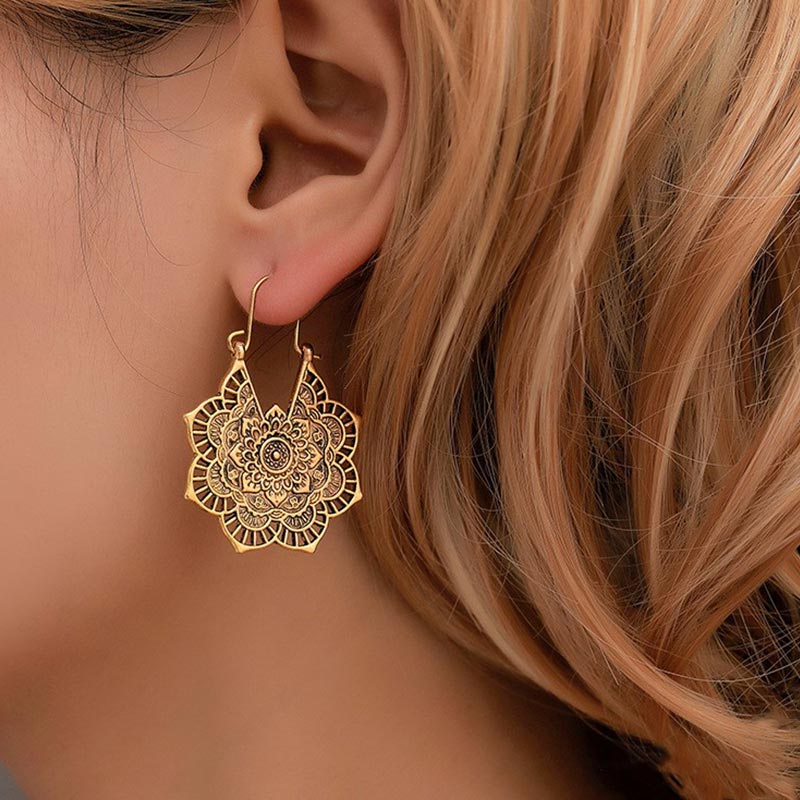 Buddha Stones Tibetan Lotus Engraving Copper Blessing Drop Earrings - image 3