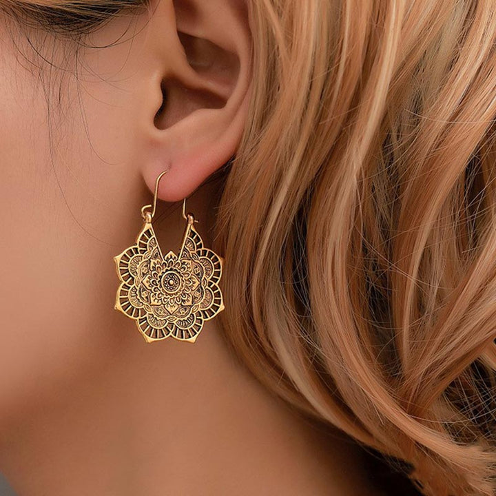 Buddha Stones Tibetan Lotus Engraving Copper Blessing Drop Earrings - image 3