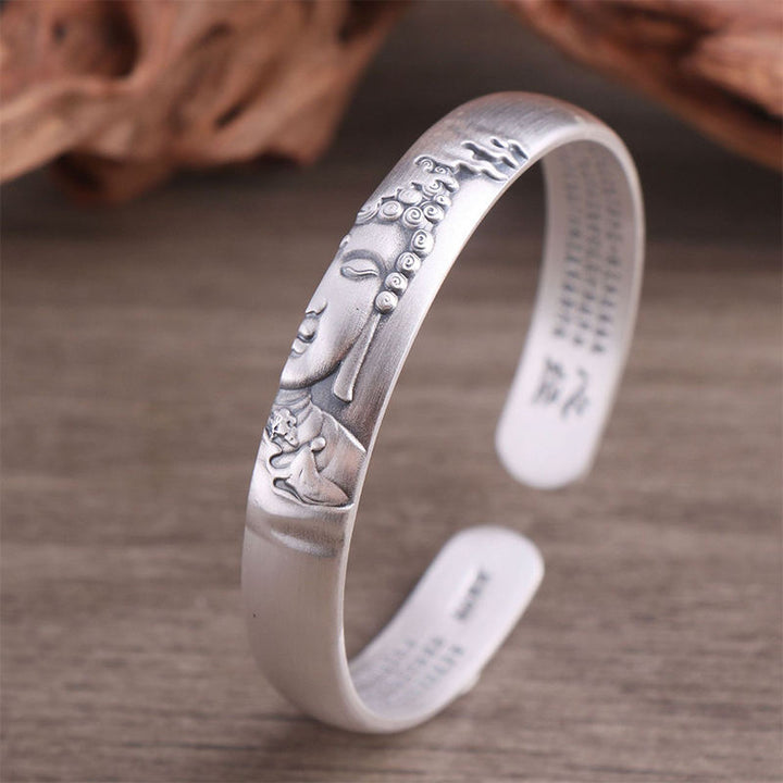 999 Sterling Silver Buddha Head Heart Sutra Serenity Bracelet Bangle - image 2