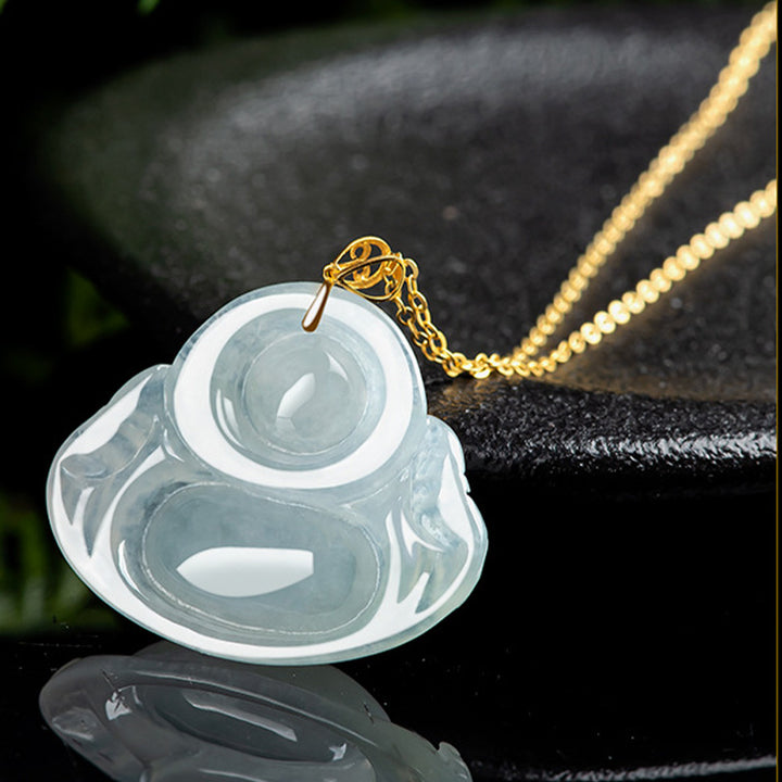 Laughing Buddha Natural Jade 18K Gold Abundance Necklace Pendant - image 7