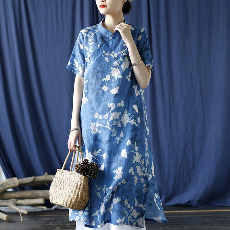 Buddha Stones Ramie Linen Blue White Flowers Branches Cheongsam Dresses Short Sleeve Dress