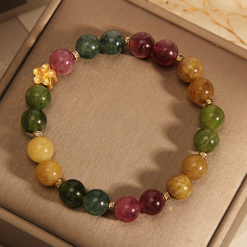 Buddha Stones Natural Colorful Tourmaline Golden Flower Positive Bracelet