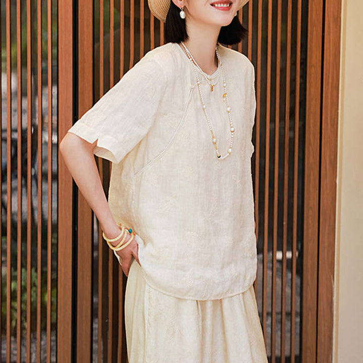 Buddha Stones Ramie Linen Loose Blouse Short Sleeve Shirt Chinese Style Top