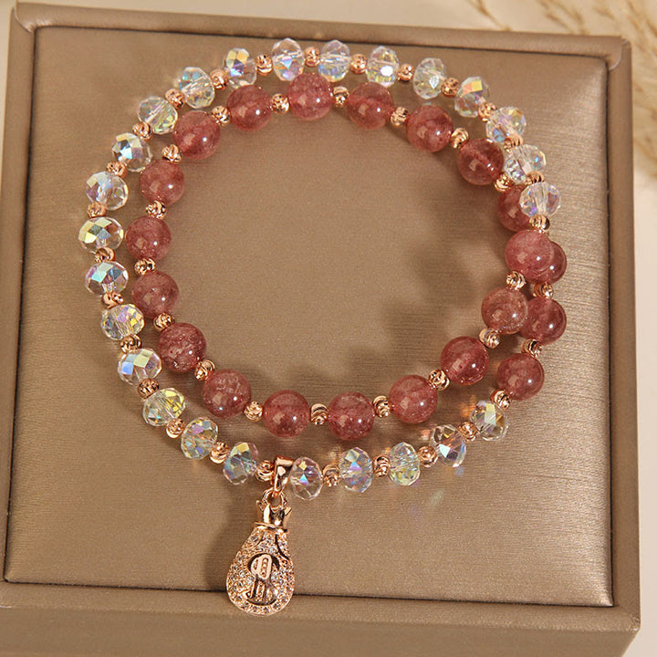 Buddha Stones Strawberry Quartz White Crystal Money Bag Charm Positive Bracelet