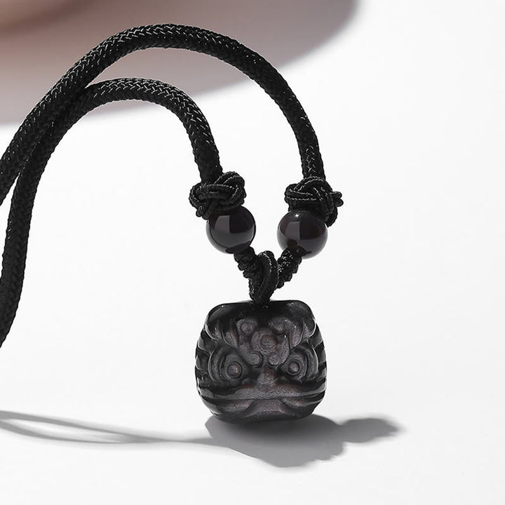 Buddha Stones Natural Silver Sheen Obsidian Red Agate Dancing Lion Protection Necklace Pendant - Silver Sheen Obsidian(Communication♥Soothing) - image 2