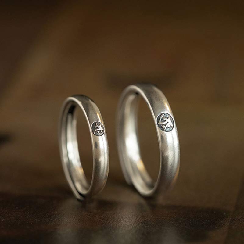 925 Sterling Silver Chinese Zodiac Natal Buddha Blessing Couple Ring - image 2