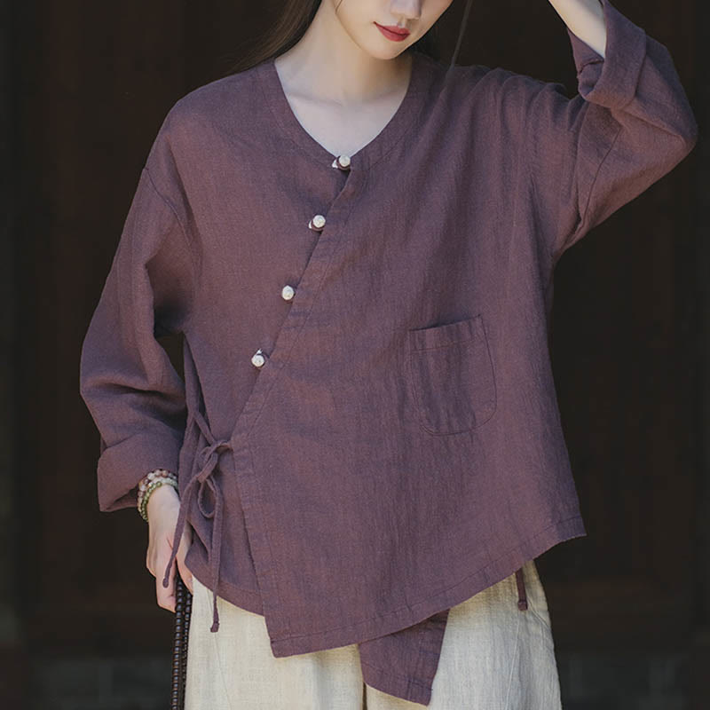 Buddha Stones Solid Color Ramie Linen Loose Blouse Long Sleeve Shirt Chinese Hanfu Top