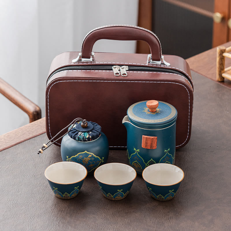 Flower Chinese Gongfu Ceramic Teapot Portable Outdoor Travel Tea Set Bag