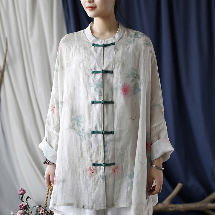 Buddha Stones White Red Flowers Green Leaves Frog-Button Long Sleeve Ramie Linen Jacket Shirt