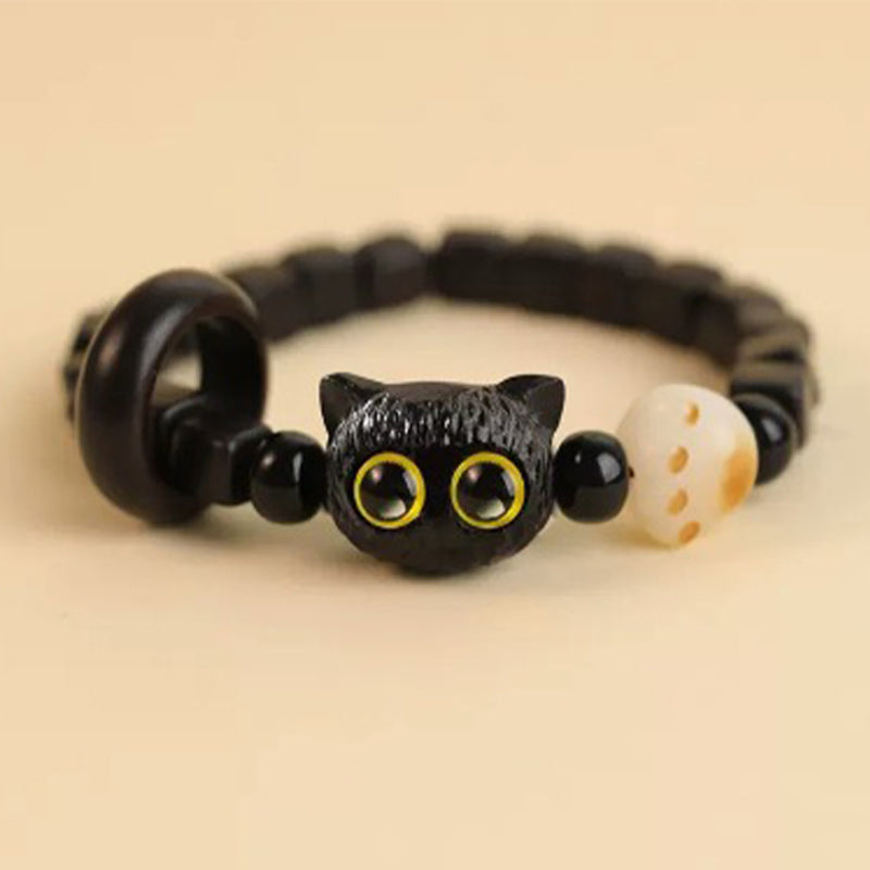 Buddha Stones Cute Ebony Wood Cat Head Pattern Peace Bracelet