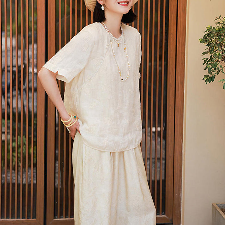 Buddha Stones Ramie Linen Loose Blouse Short Sleeve Shirt Chinese Style Top