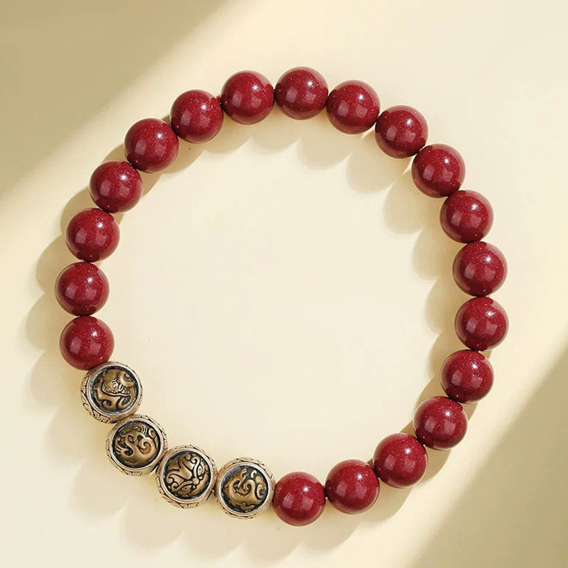 Buddha Stones 925 Sterling Silver Natural Cinnabar Four Beasts Blessing Bracelet