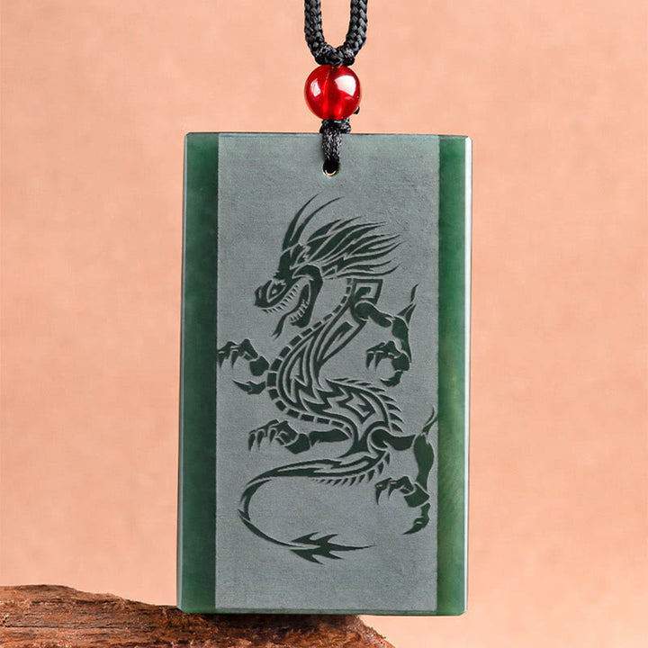Buddha Stones Hetian Cyan Jade Dragon Engraved Success Necklace Pendant - image 5