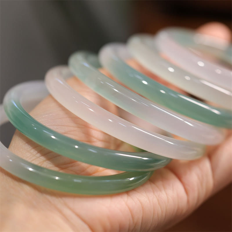 Buddha Stones Natural White And Green Chalcedony Agate Positive Cuff Bracelet Bangle - image 6