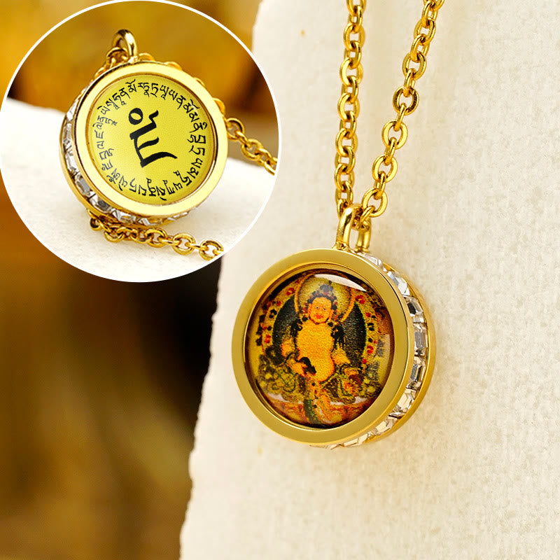 Buddha Stones Tibetan Yellow God Of Wealth Green Tara Buddha Serenity Titanium Steel Necklace Pendant - Front Yellow God Of Wealth Back Mantra - image 1