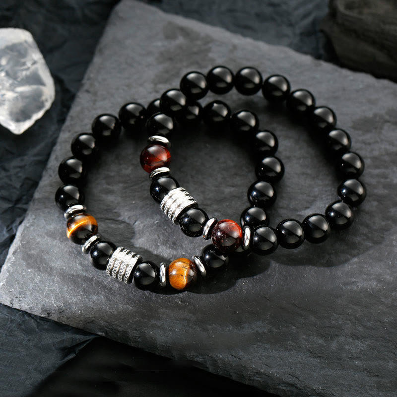 Buddha Stones Natural Black Obsidian Tiger Eye Strength Fulfillment Bracelet - image 1