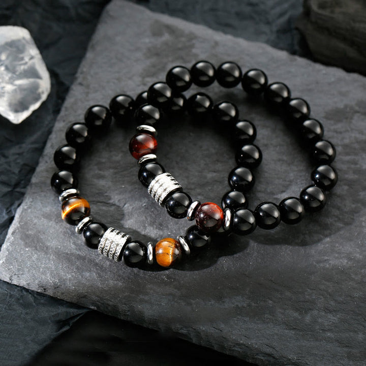 Buddha Stones Natural Black Obsidian Tiger Eye Strength Fulfillment Bracelet - image 1