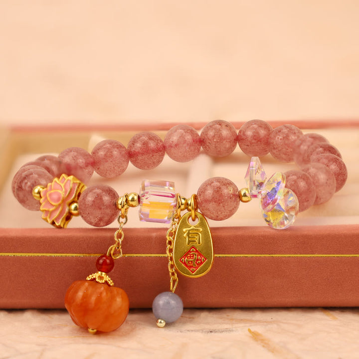 Buddha Stones Natural Strawberry Quartz Fu Character Pumpkin Charm Positive Bracelet