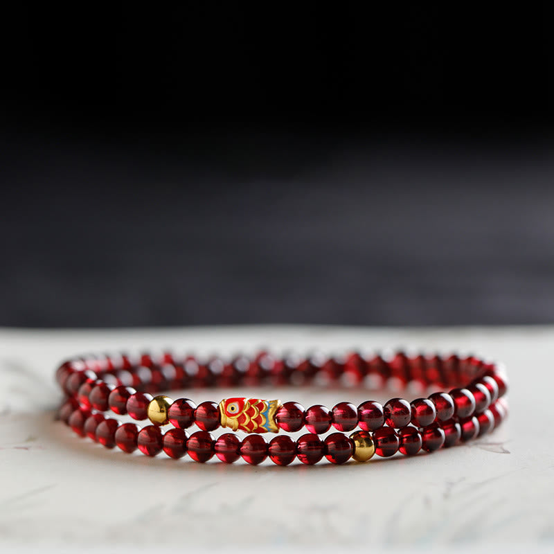 Buddha Stones 999 Gold Koi Fish Natural Garnet Protection Bracelet - 4mm-Garnet&Gold Koi Fish Double Wrap Bracelet - 17cm - image 9
