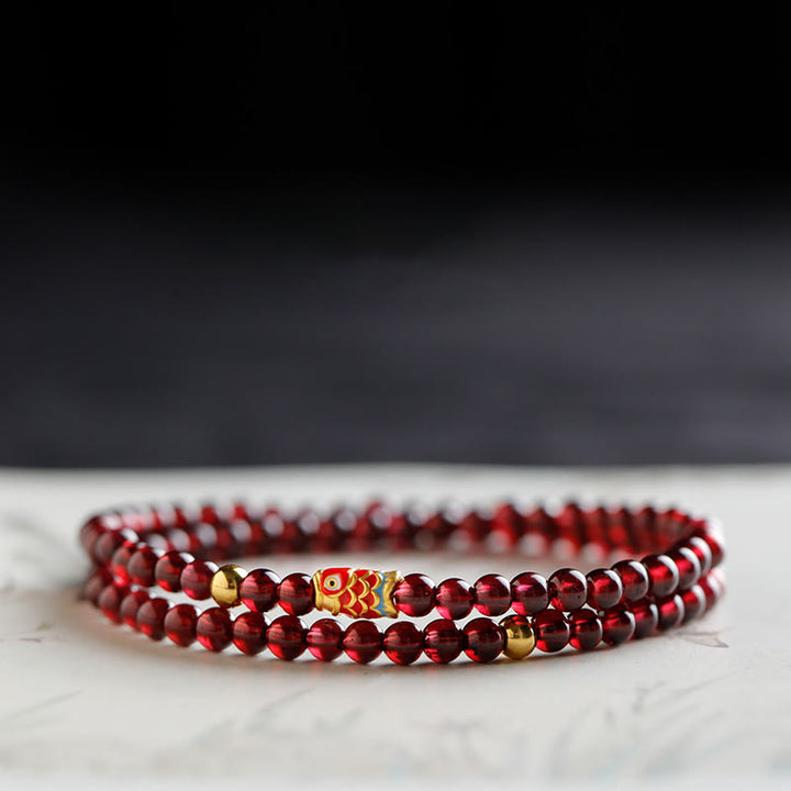 Buddha Stones 999 Gold Koi Fish Natural Garnet Protection Bracelet - 4mm-Garnet&Gold Koi Fish Double Wrap Bracelet - 17cm - image 9