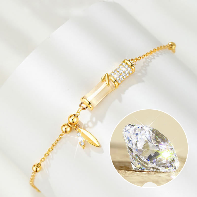 Buddha Stones 925 Sterling Silver 18K Gold Plated White Jade Bamboo Zircon Leaf Luck Bracelet - image 6