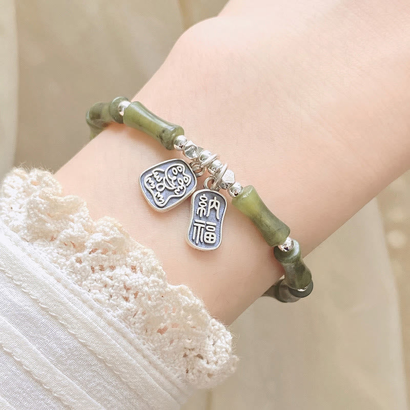 Buddha Stones 925 Sterling Silver Bamboo Jade Lucky Cat Fu Character Luck Abundance Bracelet - image 9