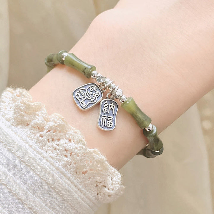 Buddha Stones 925 Sterling Silver Bamboo Jade Lucky Cat Fu Character Luck Abundance Bracelet - image 9