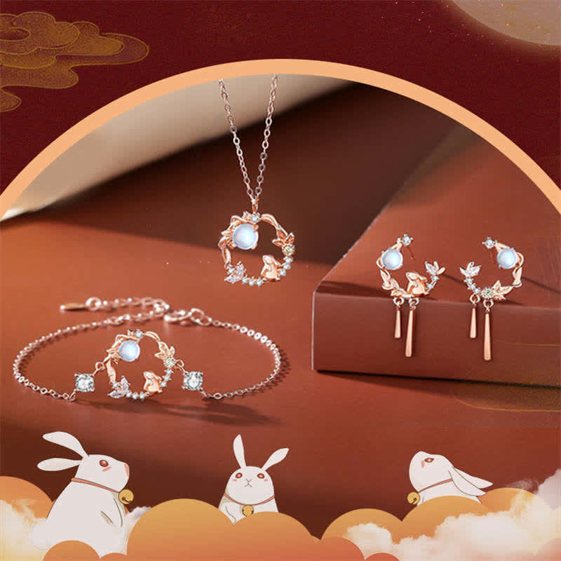 925 Sterling Silver Year of the Rabbit Moonstone Moon Flower Pattern Necklace Pendant Bracelet Earrings - image 10