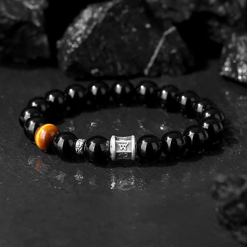 Buddha Stones 999 Sterling Silver Black Obsidian Tiger Eye Om Mani Padme Hum Fulfillment Bracelet - Black Obsidian(Wrist Circumference 18-20cm) - image 0