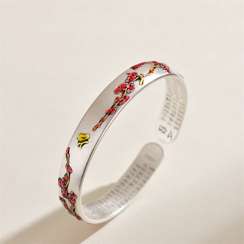 Buddha Stones Plum Blossom Chrysanthemum Flower Design Heart Sutra Healing Bracelet Cuff Bangle - Plum Blossom - image 1
