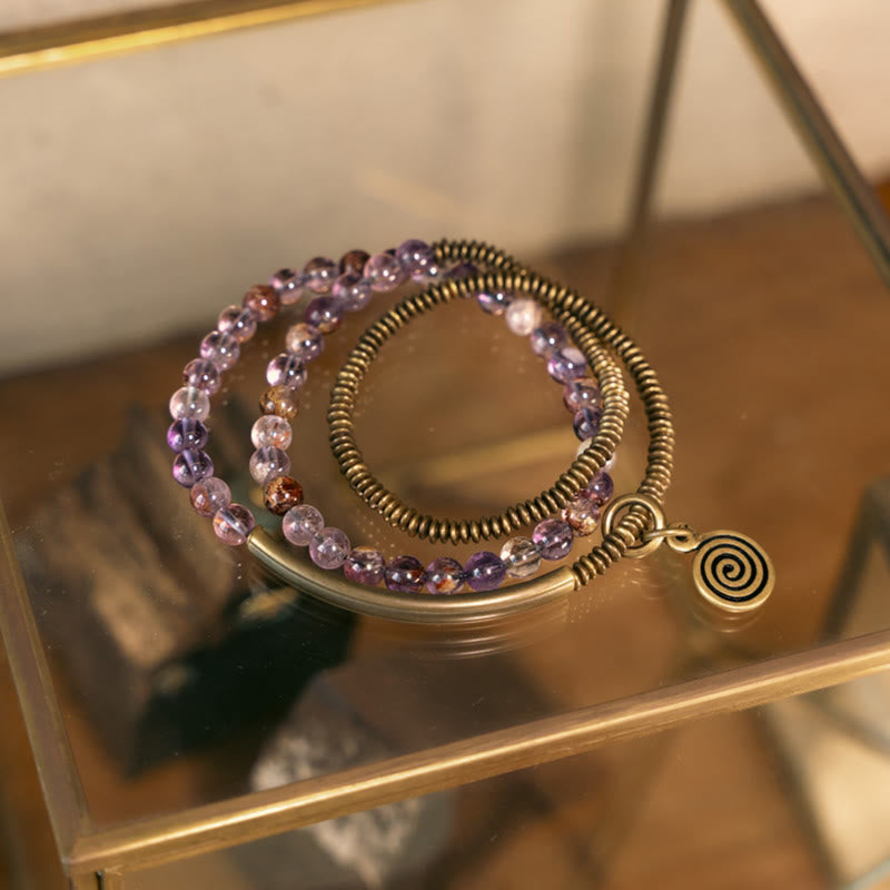 Buddha Stones Purple Phantom Red Hematoid Quartz Green Rutilated Quartz Copper Love Forgive Bracelet - image 2