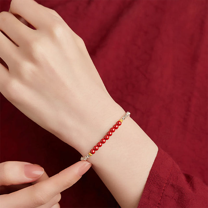 Buddha Stones 925 Sterling Silver Cinnabar Fu Character Blessing Bracelet - image 1