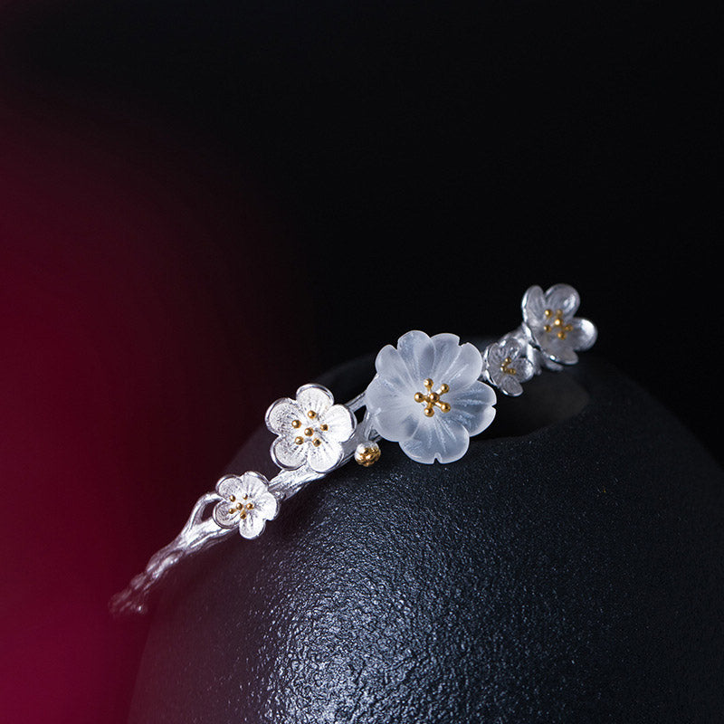 925 Sterling Silver Plum Flower Blessing Bracelet Adjustable Bangle - image 3