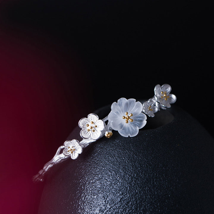 925 Sterling Silver Plum Flower Blessing Bracelet Adjustable Bangle - image 3