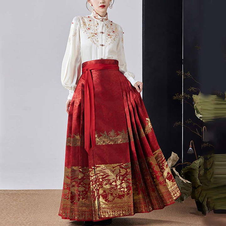 Buddha Stones Flowers Leaves Feathers Long Sleeve Shirt Top Chinese Hanfu Ming Dynasty Horse Face Skirt Mamianqun Skirt