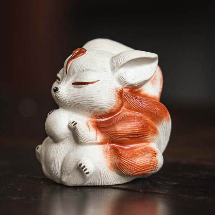 Buddha Stones Mini Nine Tailed Fox Purple Clay Luck Desk Decoration